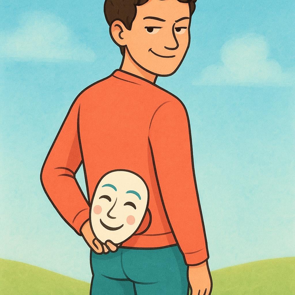 A person with a secretive, sly expression holding a mask behind their back, symbolizing deceit or treachery.