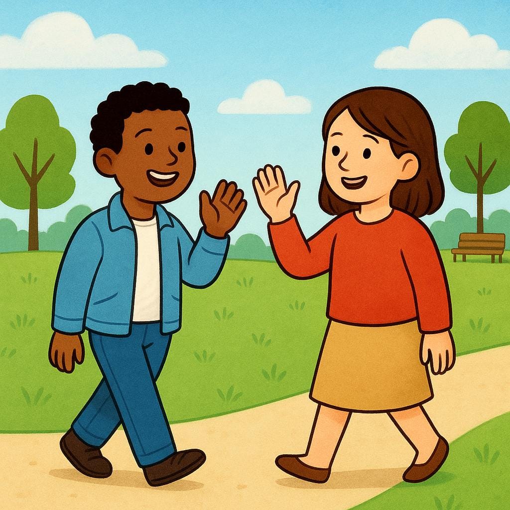 明るい公園で笑顔で手を振る二人の友人が、会うことを示している。