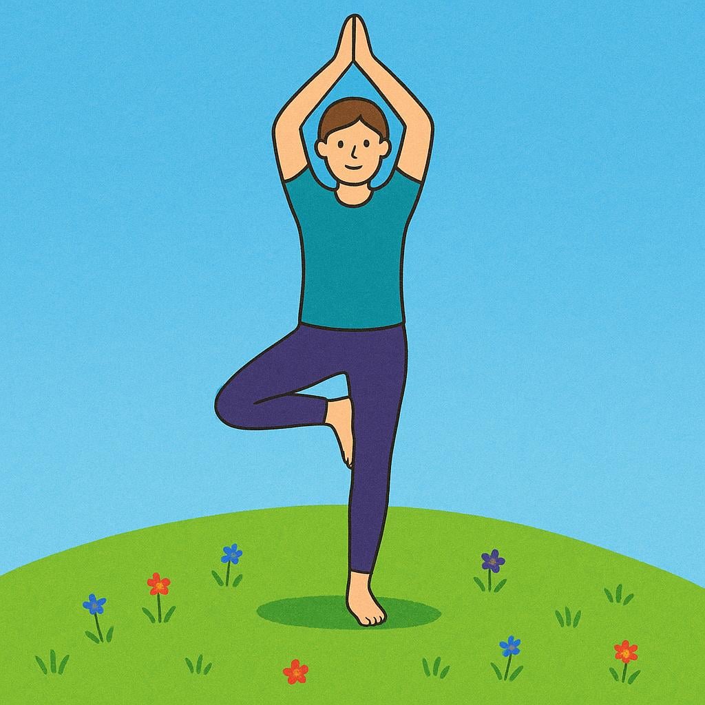 A person stands perfectly still and balanced in the tree yoga pose on a lush green hill, illustrating remaining in a stable condition.