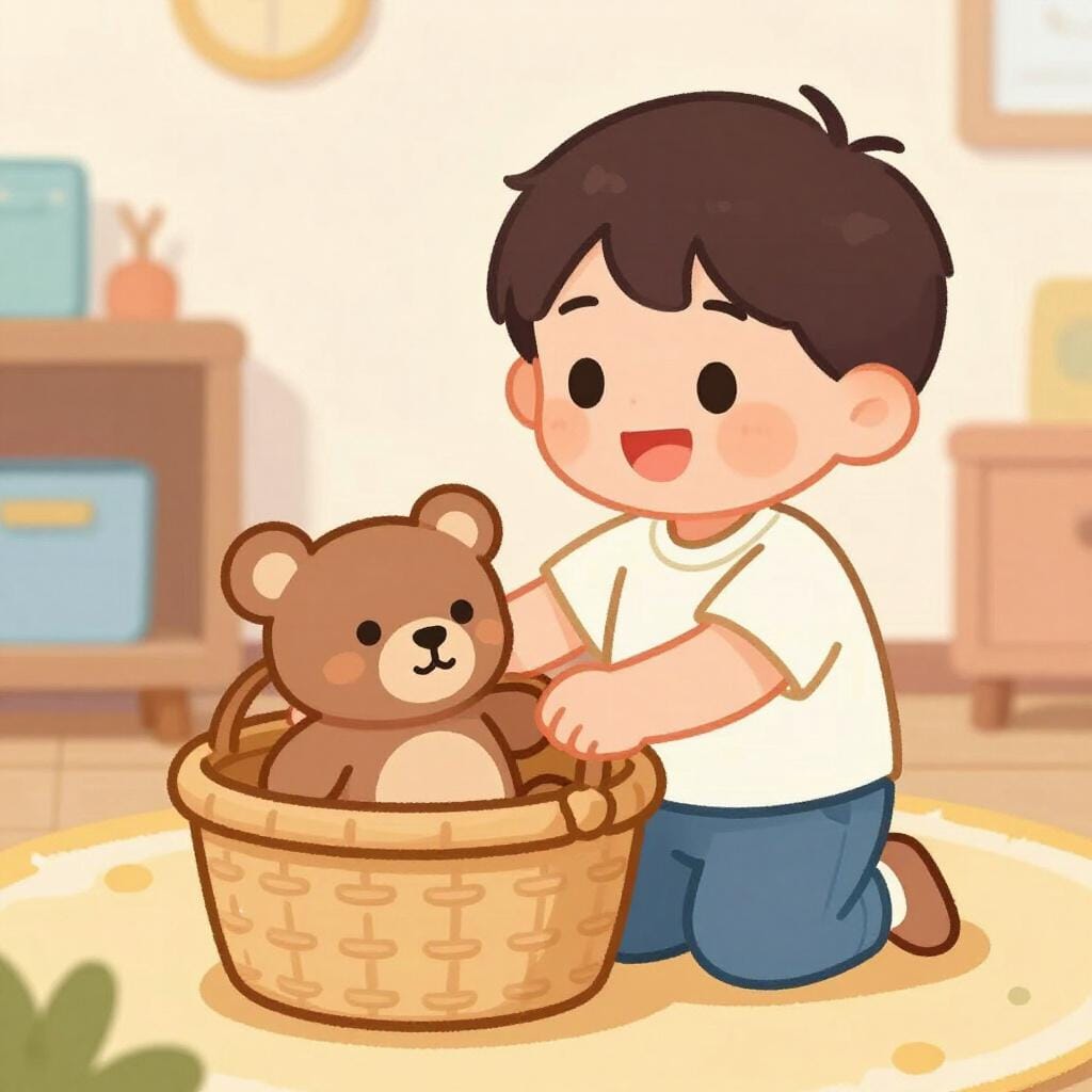 A child happily picking up toys and putting them into a basket without being asked.