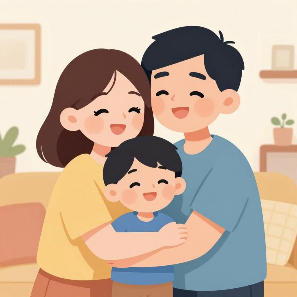 A happy family of three sharing a warm group hug in a cozy room.