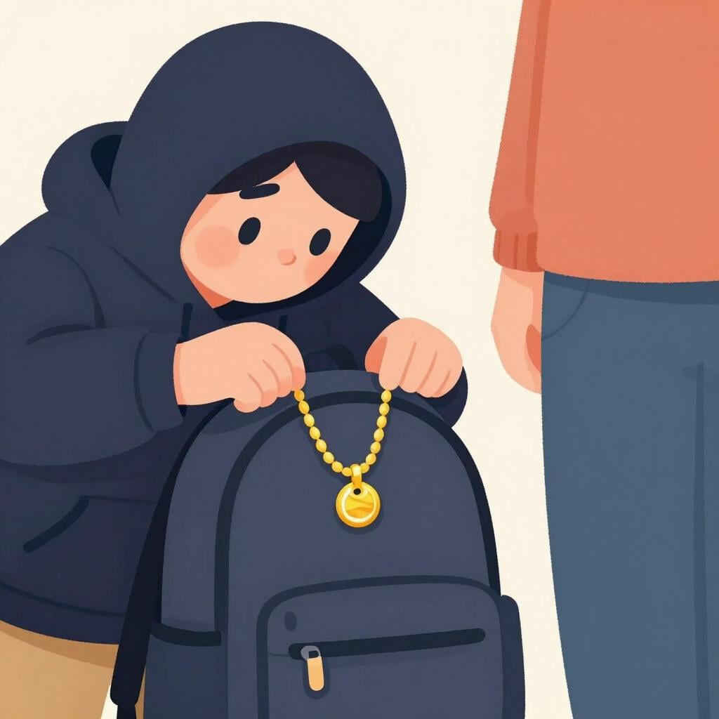 A person in a shadow is placing a stolen-looking necklace into an unsuspecting person's open bag.