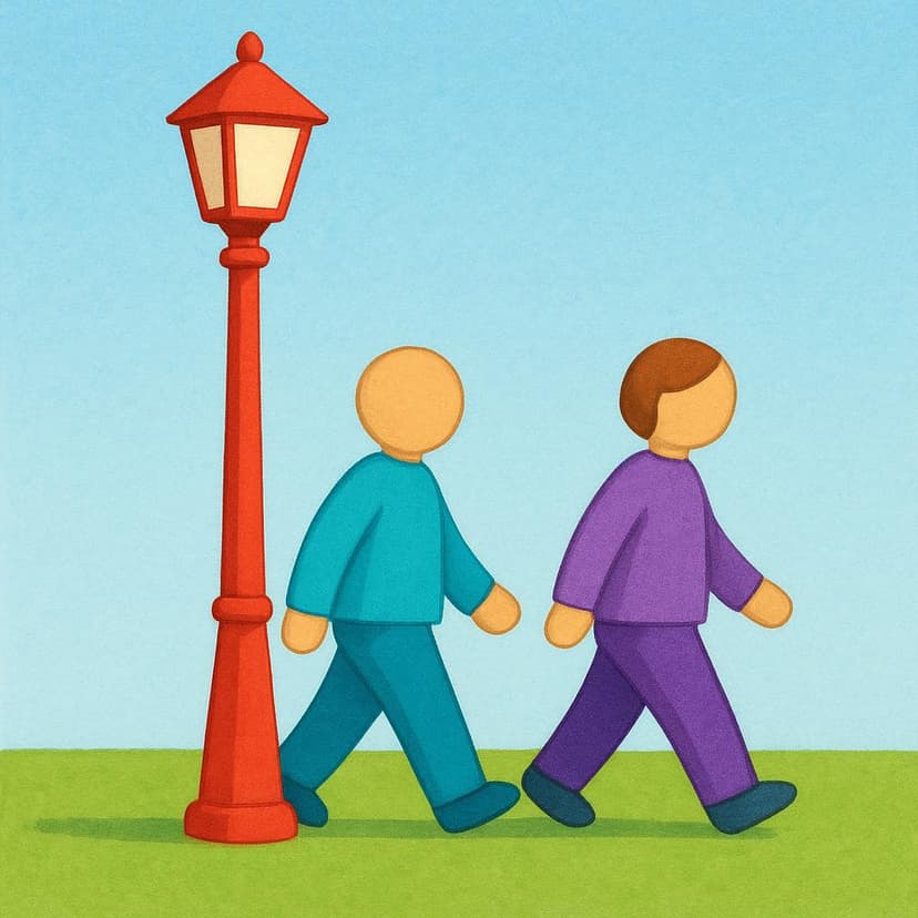 Two stylized figures walking past a tall red lamppost, illustrating physical passing or movement.