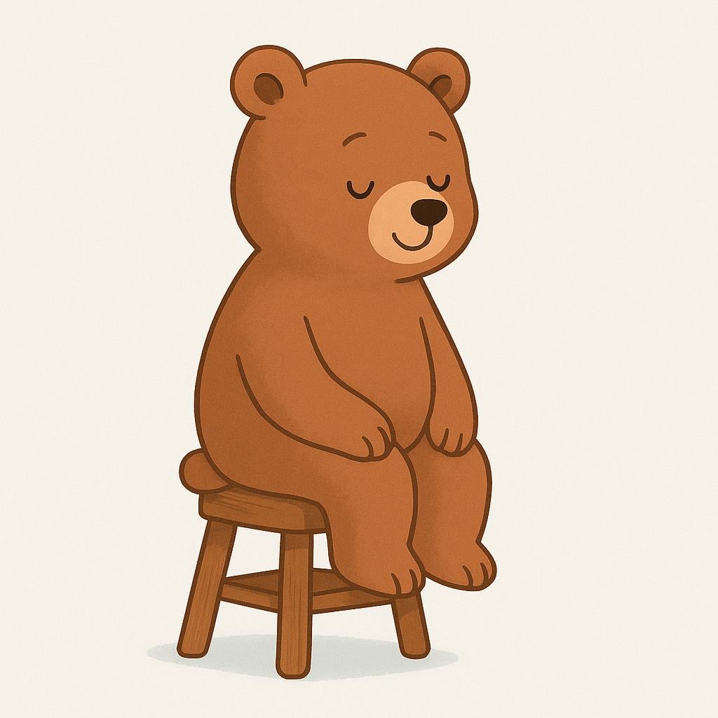 A friendly cartoon character, a small bear, sitting calmly on a simple wooden stool in a bright, cozy room.