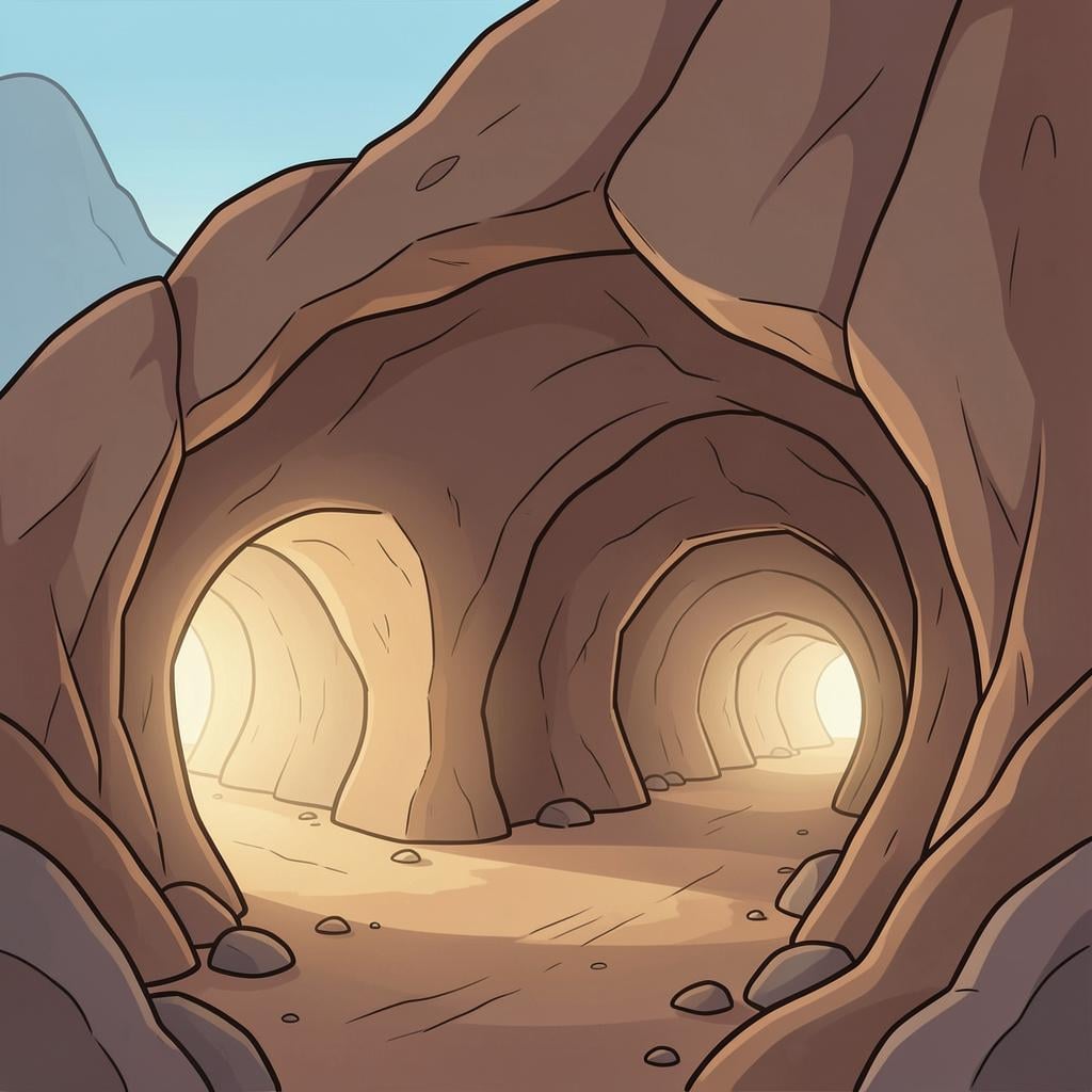 A view looking through a series of long, rounded underground passages carved through stone.