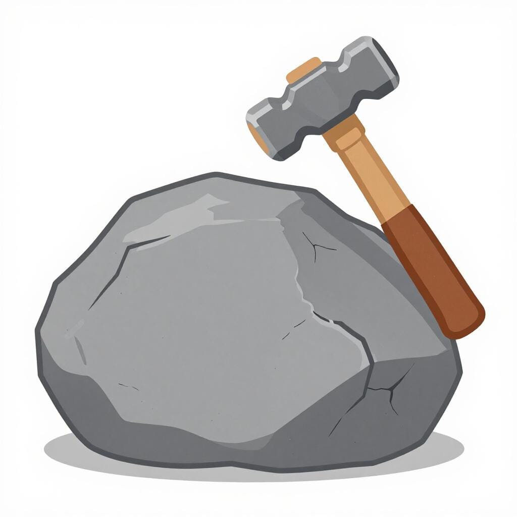 Um martelo batendo em uma pedra grande e cinza sólida sem quebrá-la.