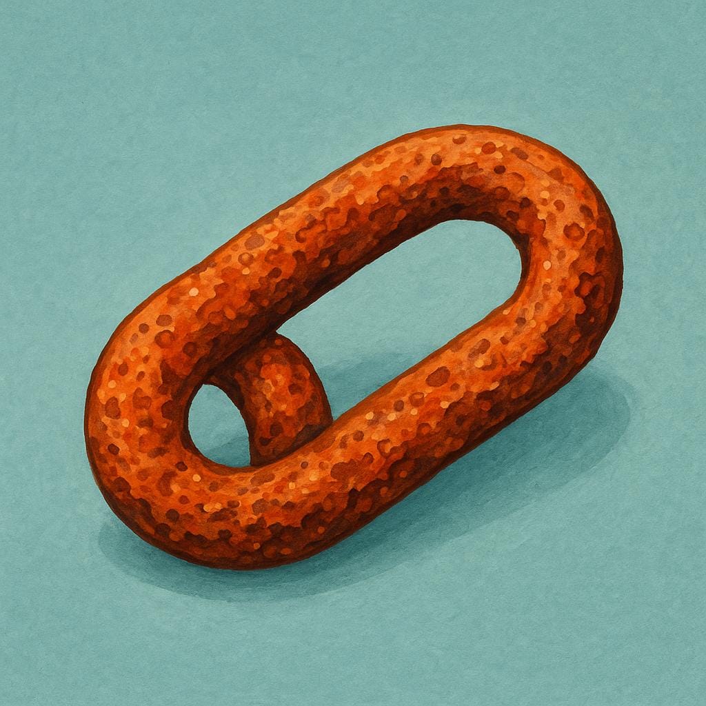 A close-up of a single heavy metal chain link covered entirely in rough, orange-brown rust damage.