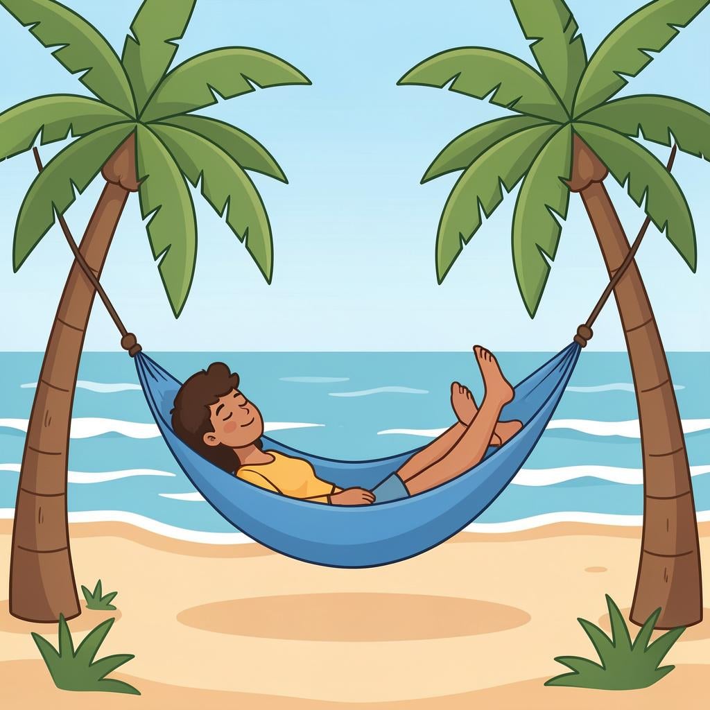 A person resting comfortably in a soft blue hammock between two palm trees on a quiet beach.