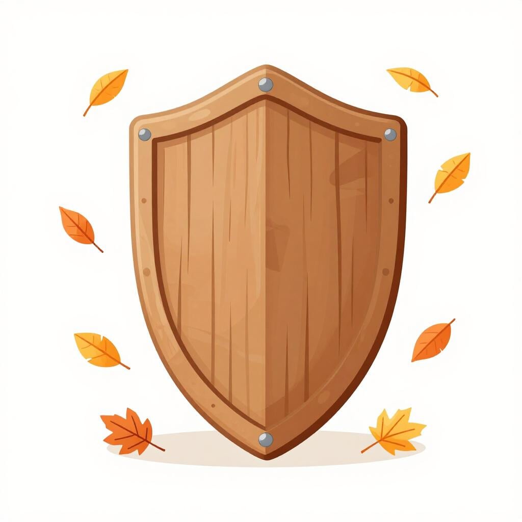 A sturdy, brave wooden shield standing firm against a strong gust of wind and falling leaves.