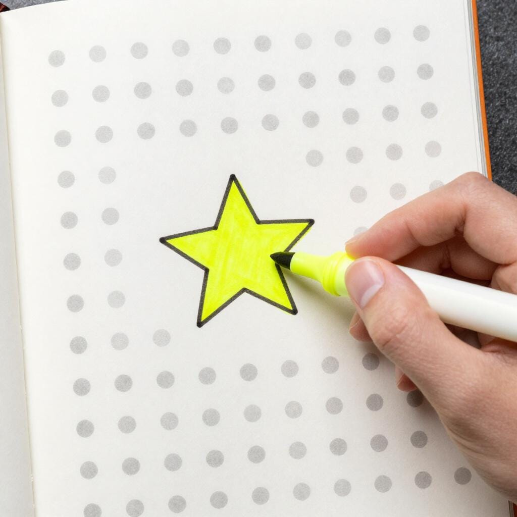 A hand using a bright neon yellow marker to draw a thick line over a specific drawing of a star among many circles.