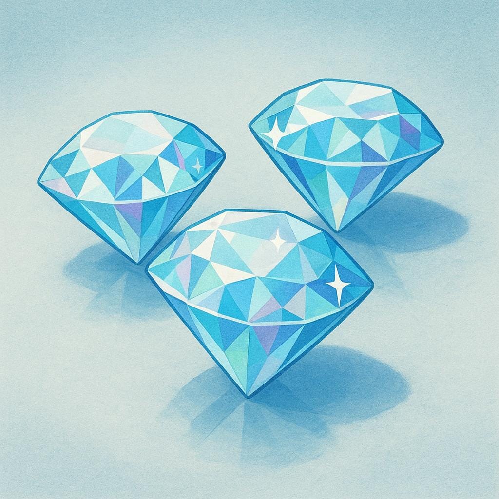 A close-up view of three brilliant-cut diamonds, showing their facets catching the light and sparkling against a simple background.