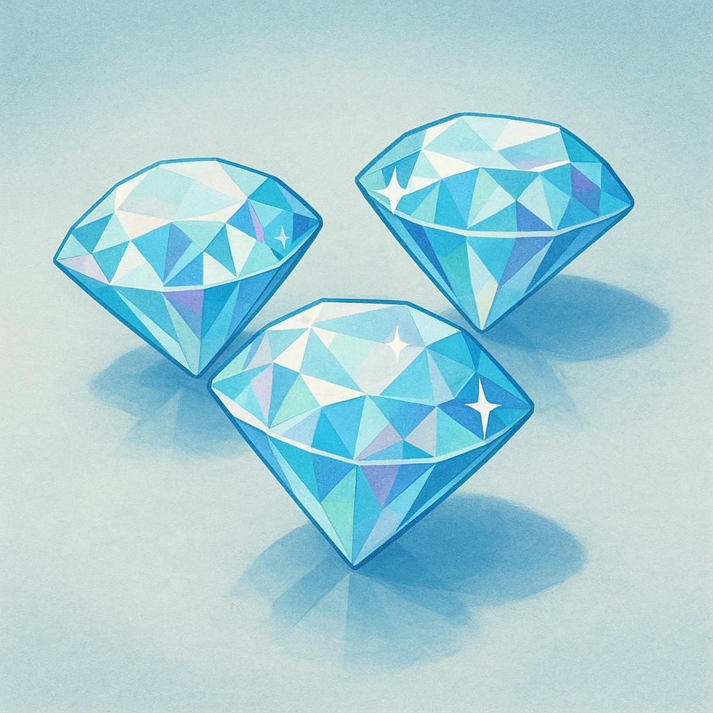 A close-up view of three brilliant-cut diamonds, showing their facets catching the light and sparkling against a simple background.