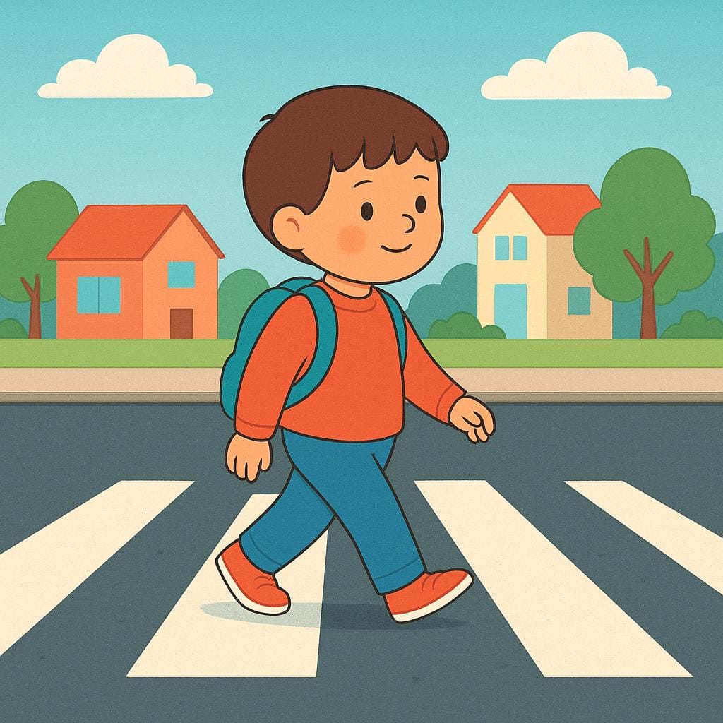 A stylized storybook illustration of a child walking across a striped crosswalk on a street, moving from one side to the other.