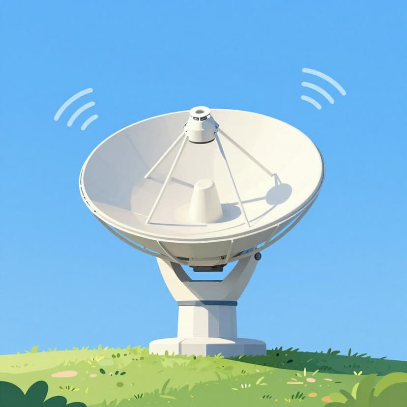 Uma antena parabólica numa colina verde apontada para o céu.