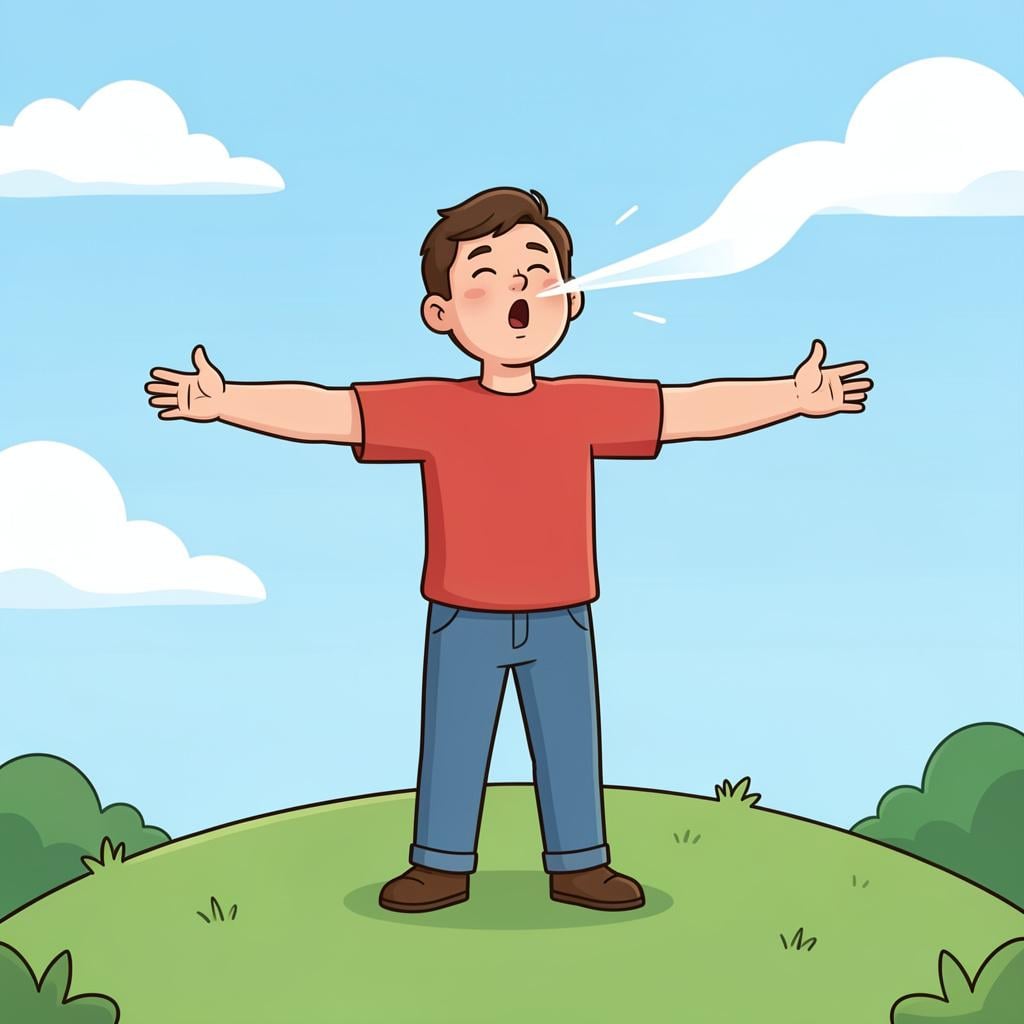 A person standing on a hill taking a very big breath of fresh air.