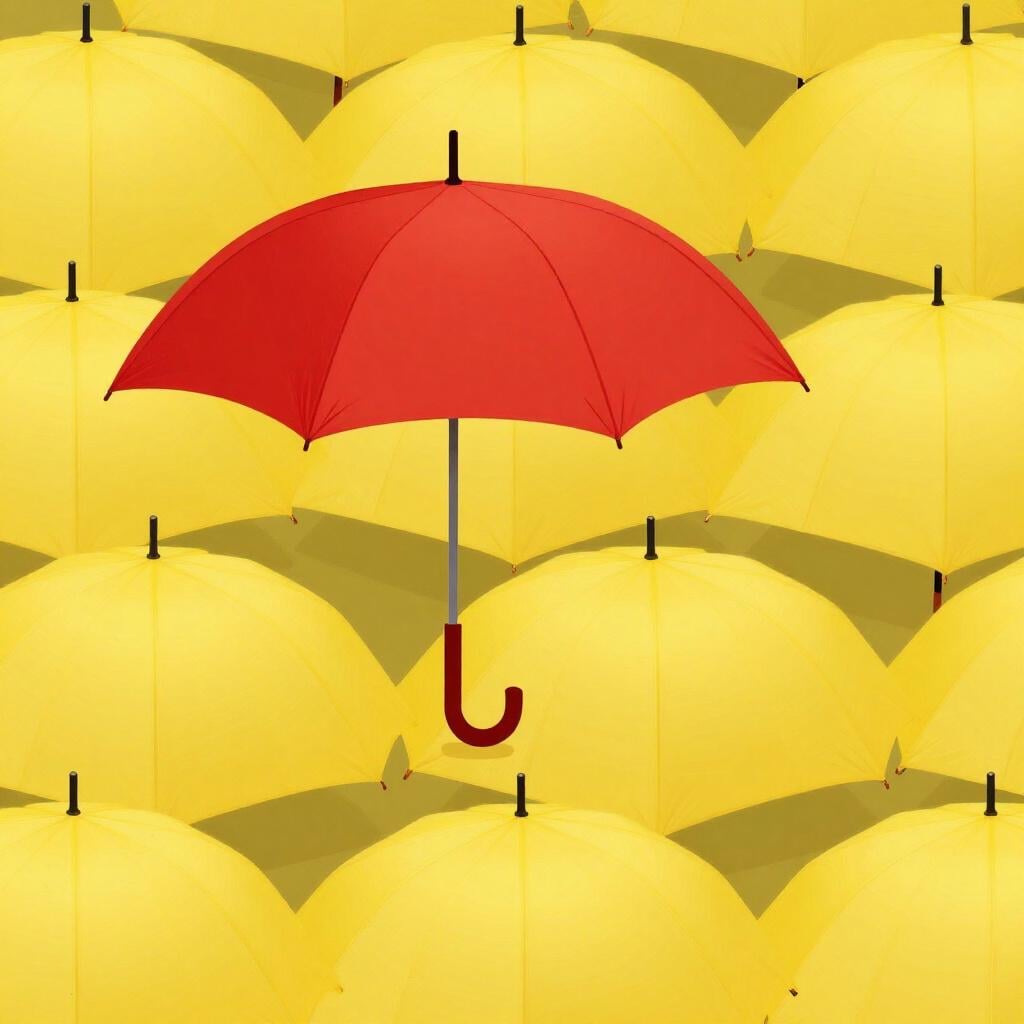 Een enkele felrode paraplu die midden in een menigte gele paraplu's staat.