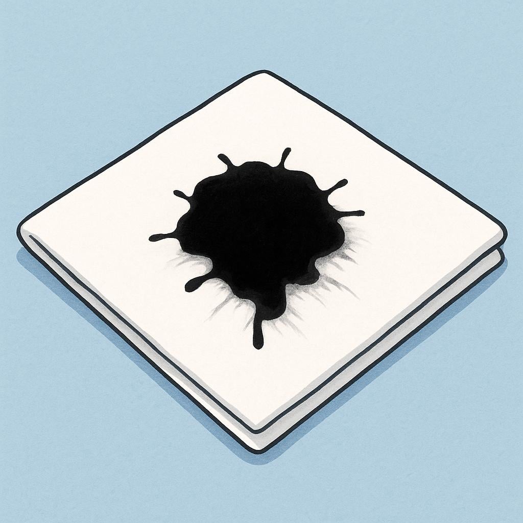 A prominent, dark black liquid stain soaking into a perfectly white cloth napkin.