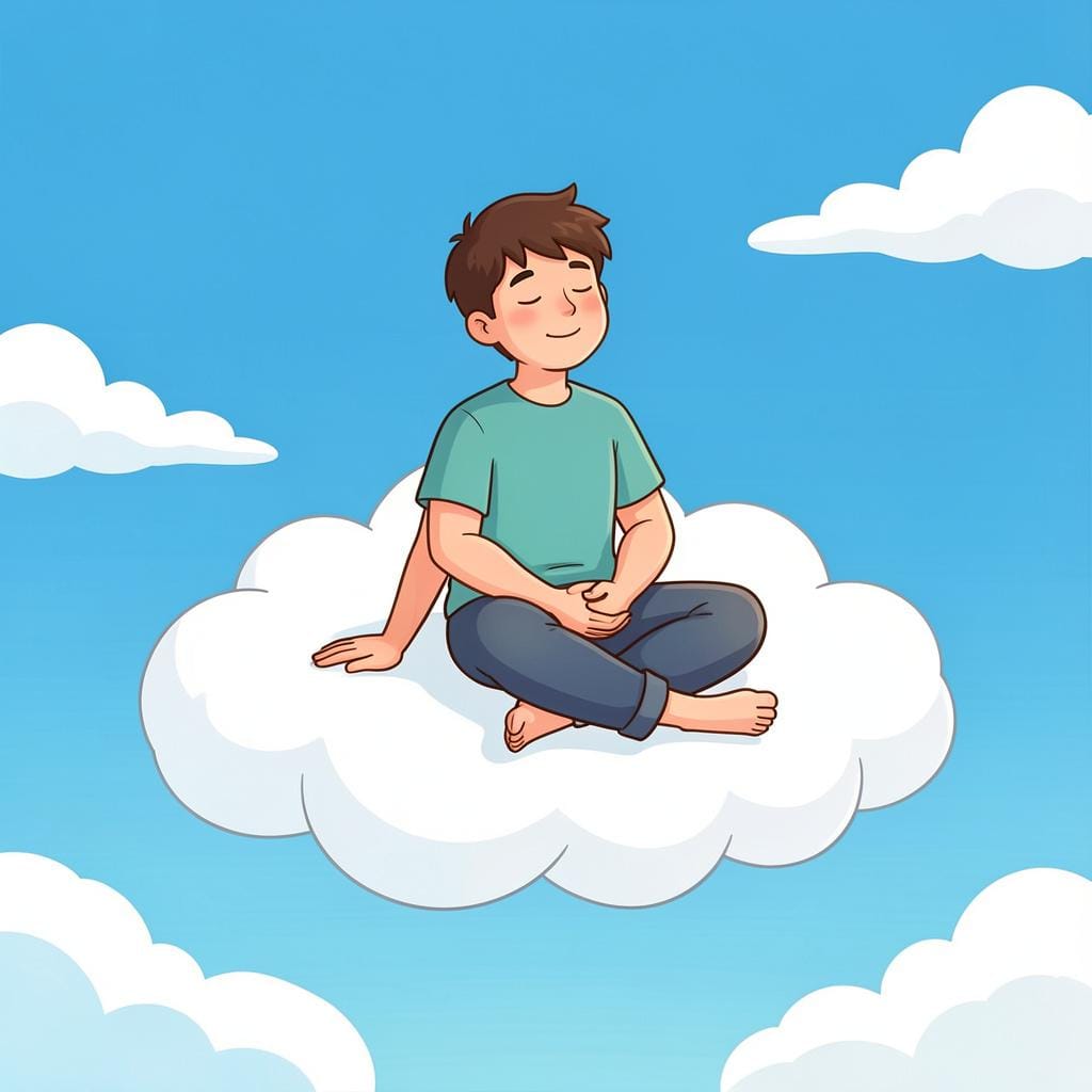 A person sitting on a fluffy cloud in a bright blue sky, looking relaxed and happy.