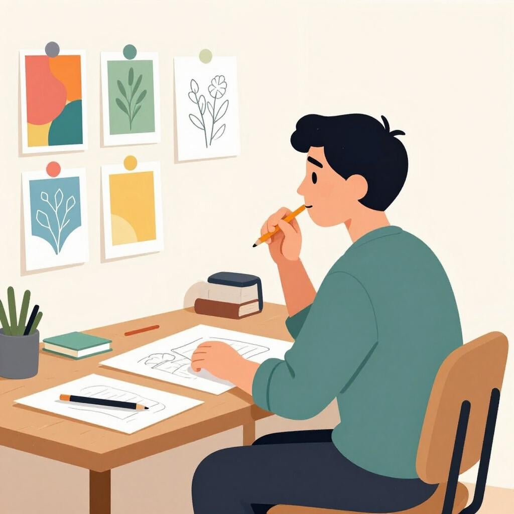 An artist at a desk covered in sketches, holding a pencil and looking at a colorful mood board.