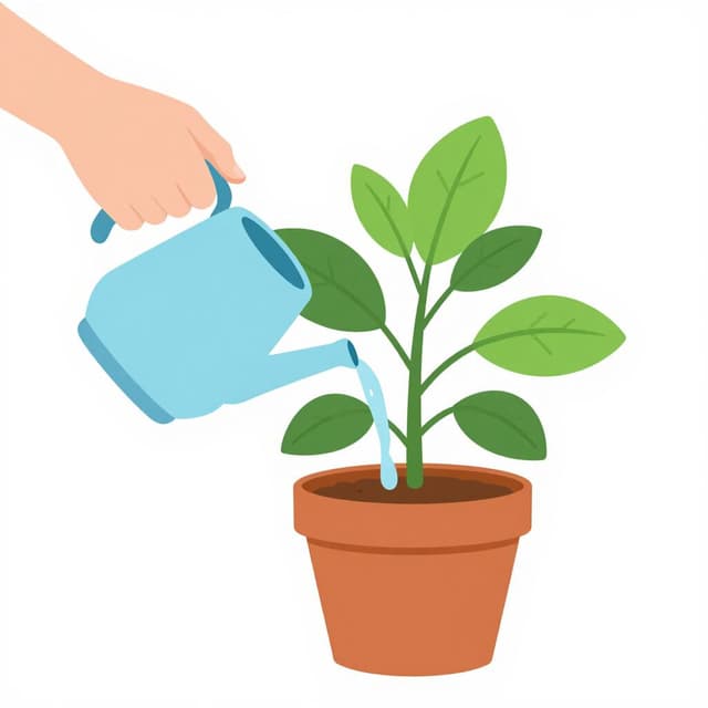 Uma pessoa regando uma pequena planta em vaso sobre uma mesa.