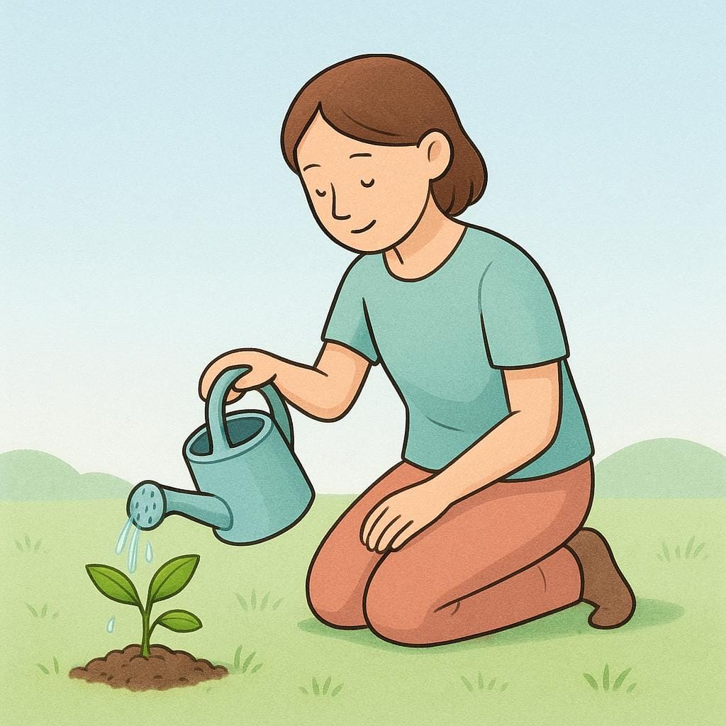 A person carefully watering a small, vibrant green sapling planted in fertile ground, symbolizing dedication and commitment to growth.