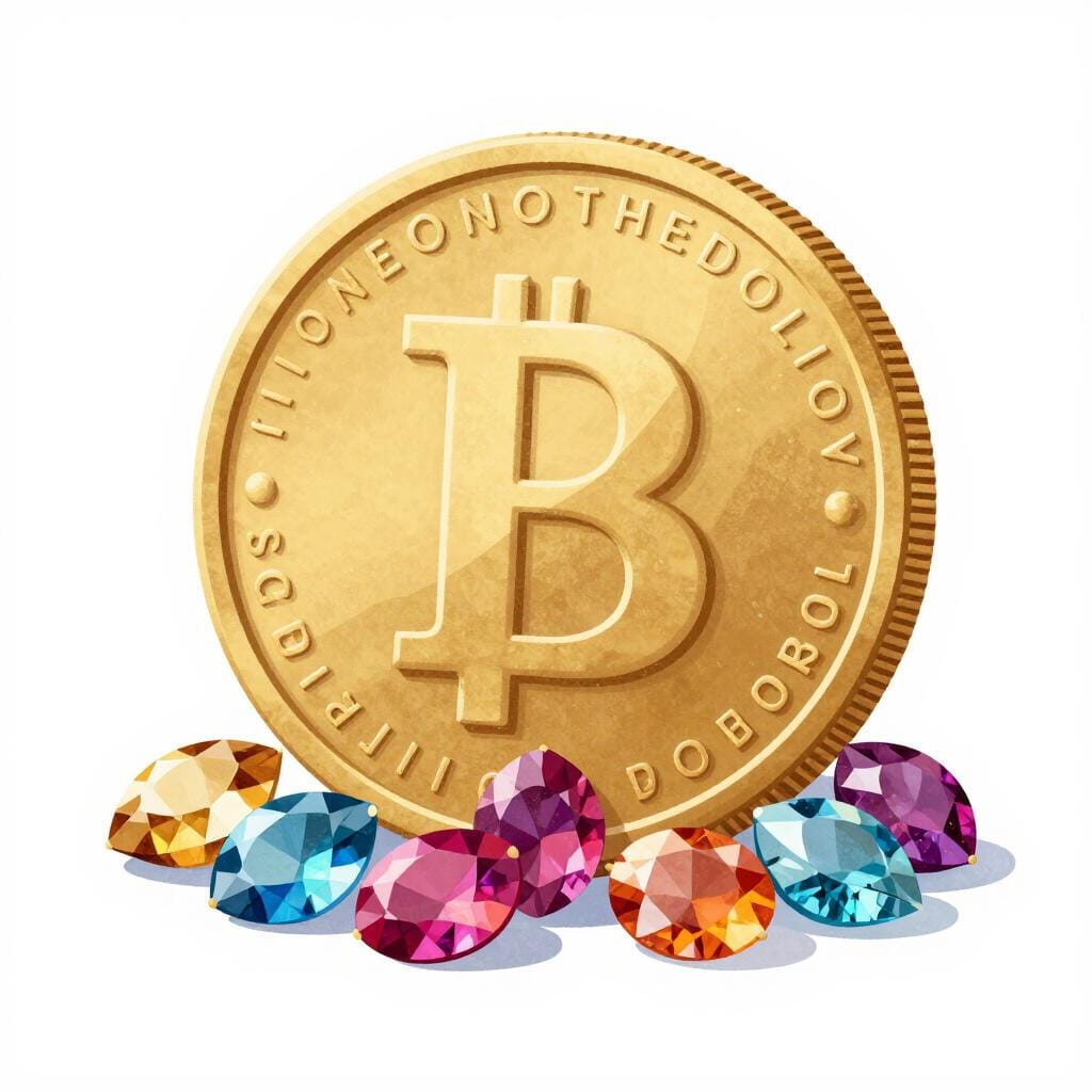 A shiny gold coin sitting next to a pile of sparkling jewels.