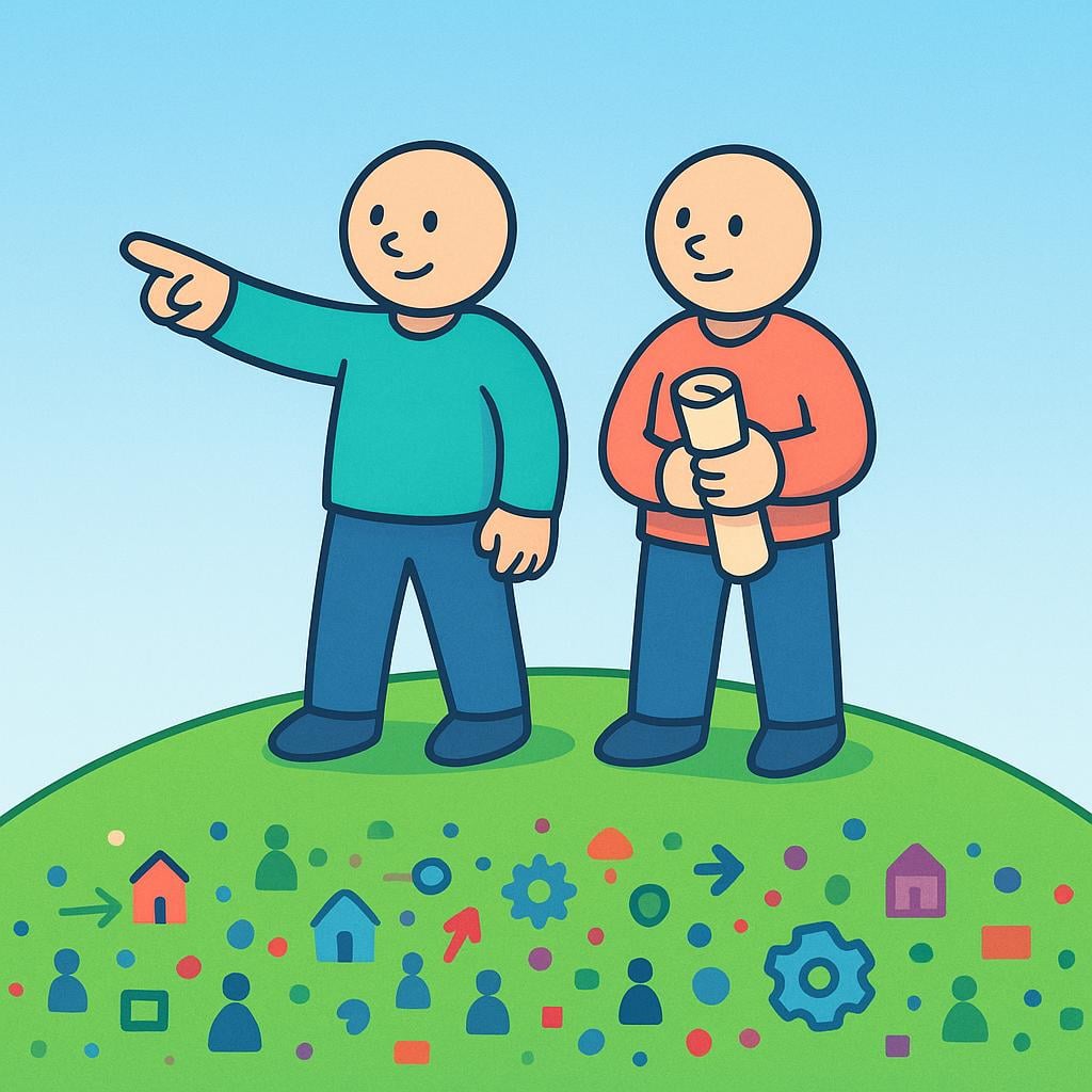 Two figures standing on a small hill, overseeing and directing an ongoing project below. One figure is pointing forward with a decisive gesture, symbolizing management.