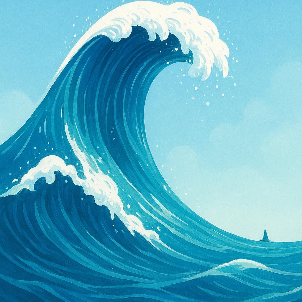 A gigantic, cresting blue ocean wave, reaching an extreme height against a clear sky.