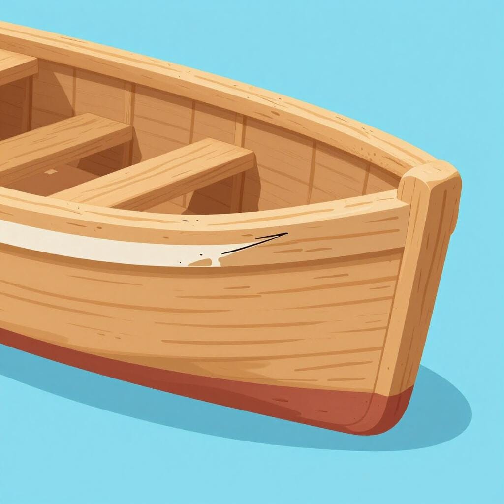 A wooden toy boat that has been mended with a visible patch.