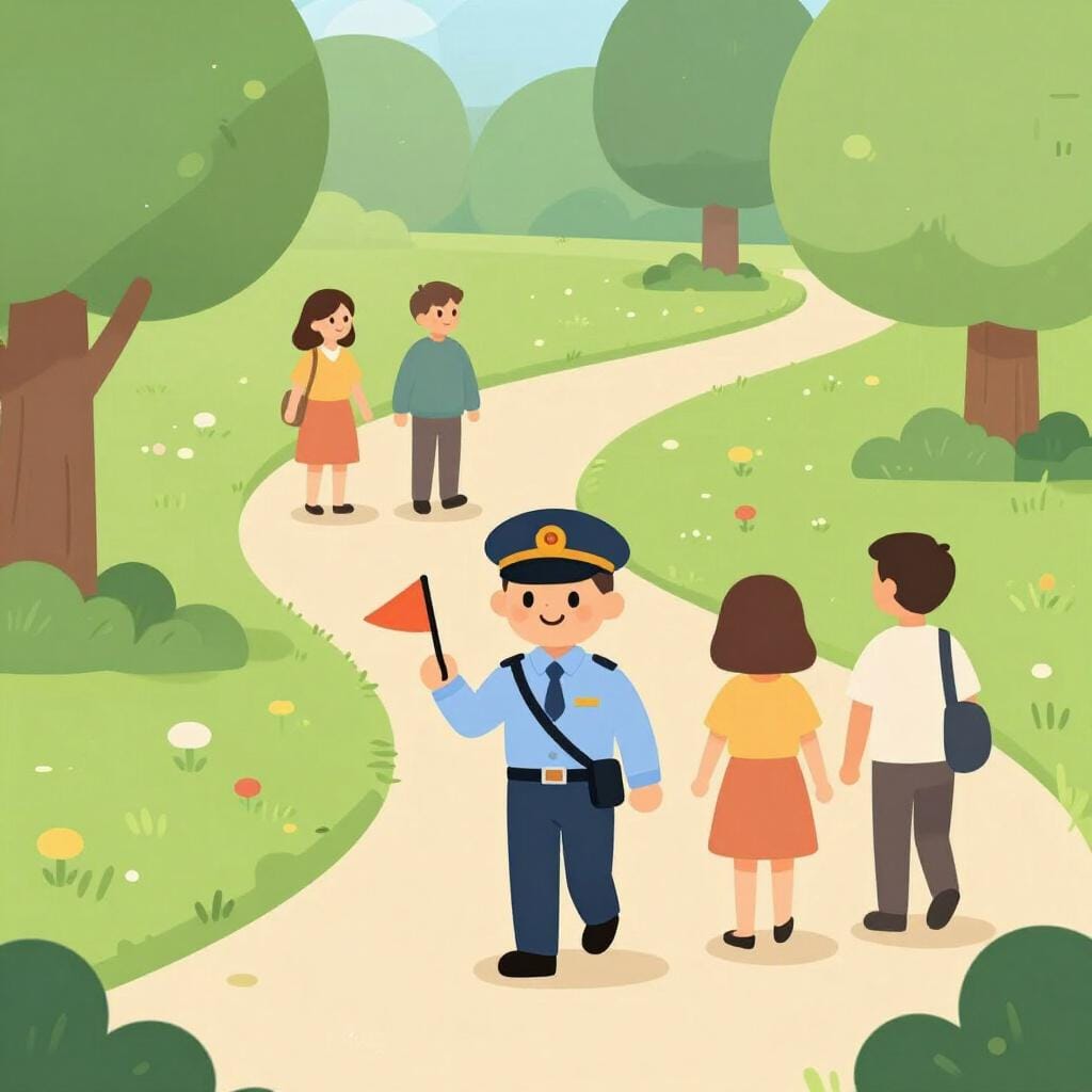 A friendly guide leading a group of people through a vibrant park.