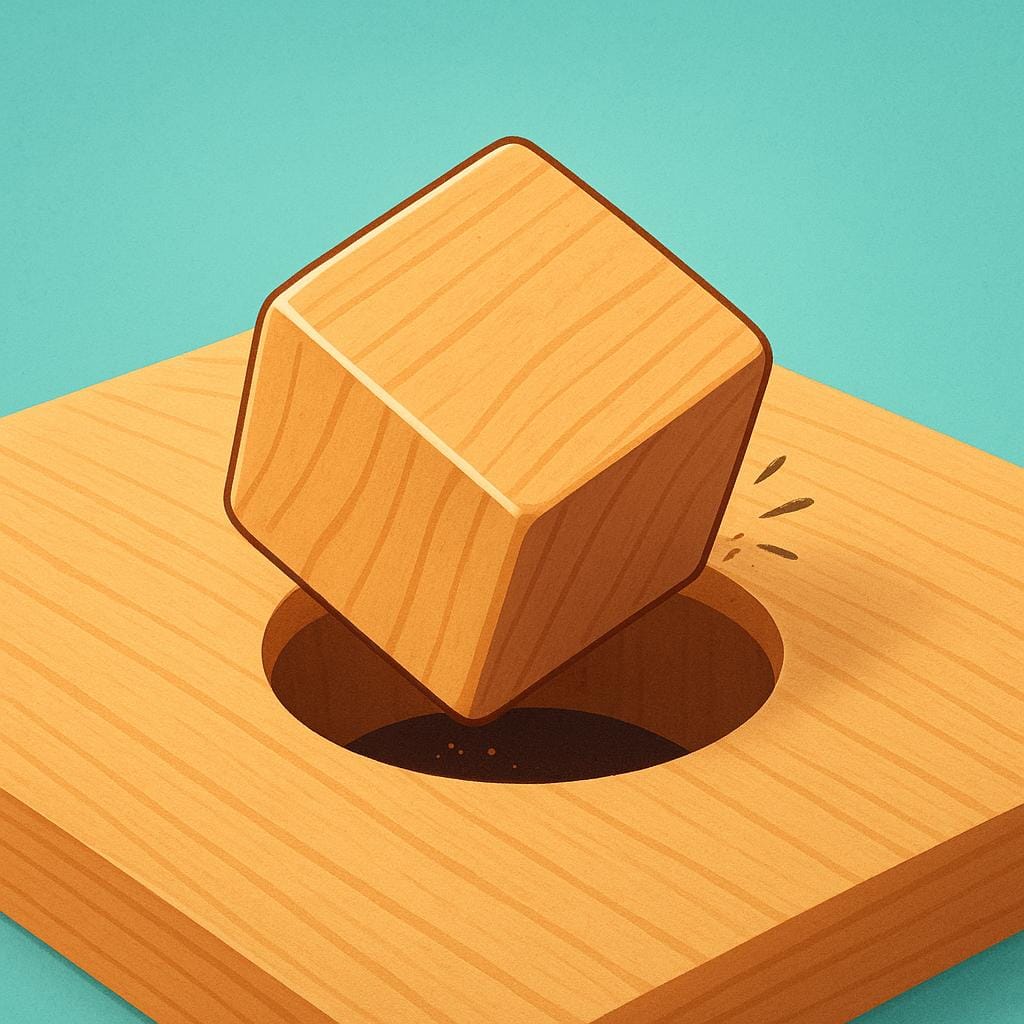 A square wooden peg resting on top of a round wooden hole, illustrating a clear mismatch and failure to fit.