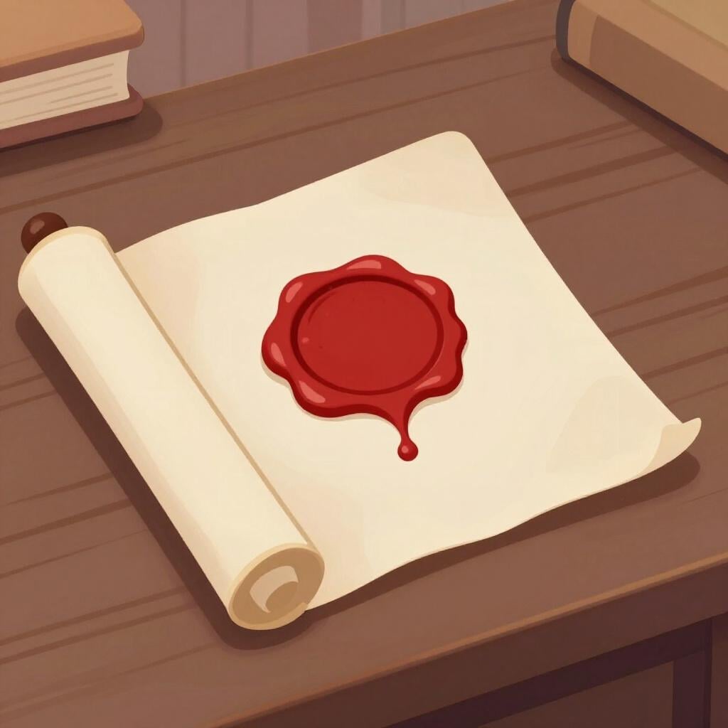 A rolled parchment scroll with a large red wax seal resting on a wooden table.