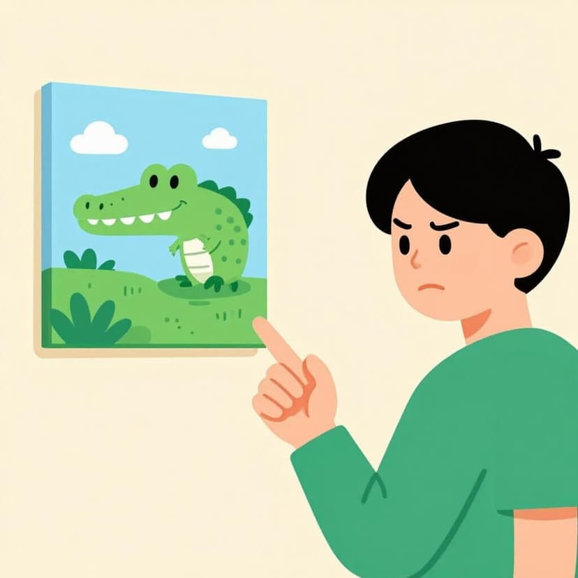 A person with a displeased expression pointing at a slightly tilted painting on a wall.