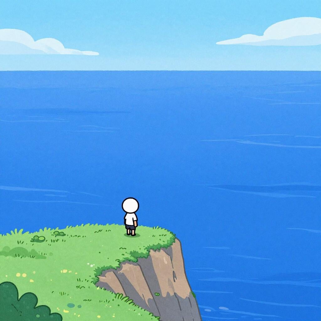 A tiny person standing on a cliff looking out over a vast, endless blue ocean that stretches to the horizon.