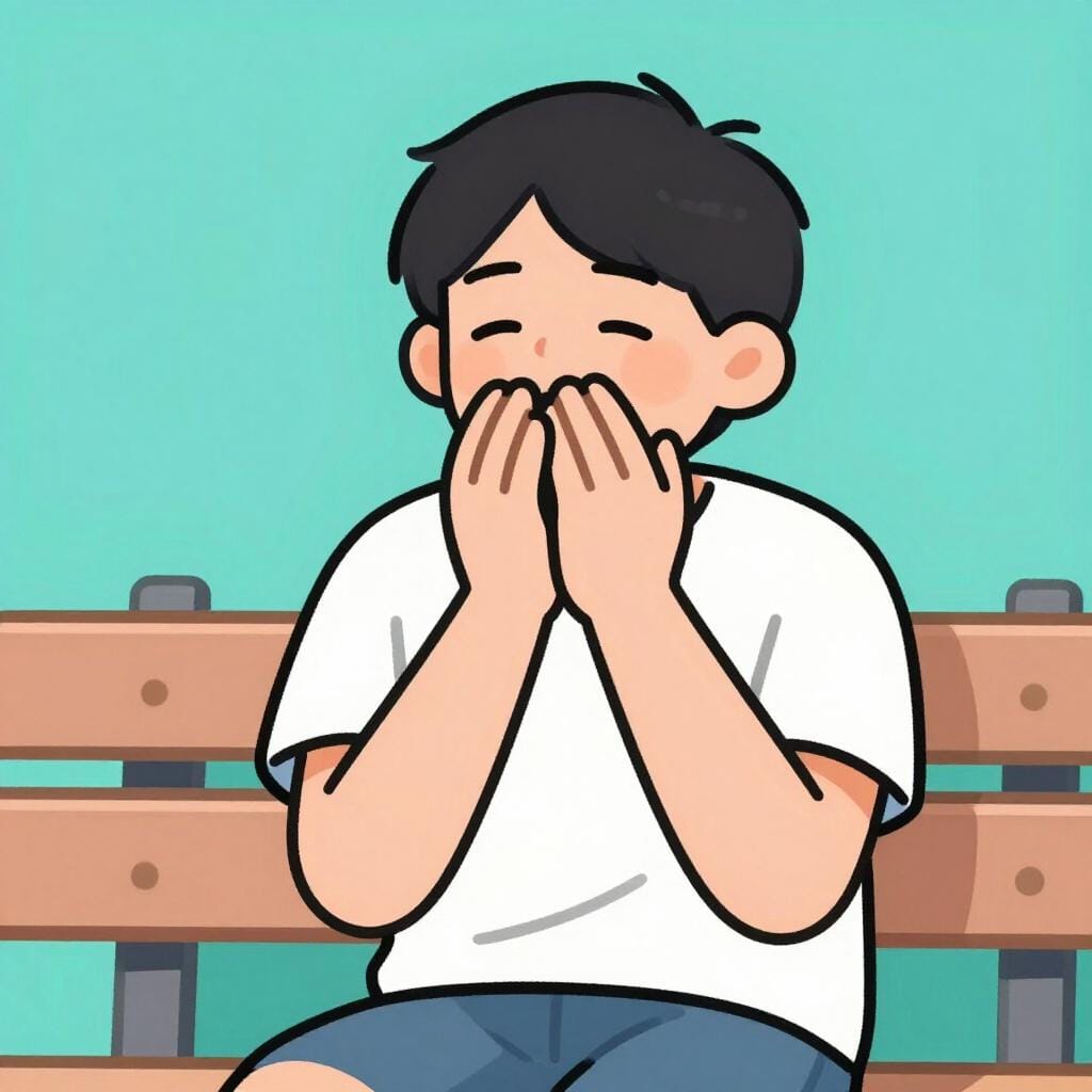 Uma pessoa rindo incontrolavelmente enquanto tenta cobrir a boca com as mãos.