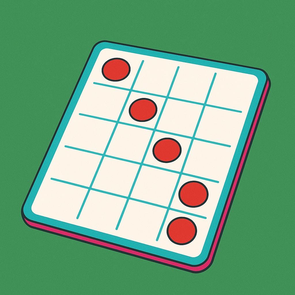 Een felgekleurde close-up van een bingokaart op een groene tafel. Vijf ronde rode fiches zijn in een rechte lijn over de kaart geplaatst, wat een winst bij het bingospel aangeeft.