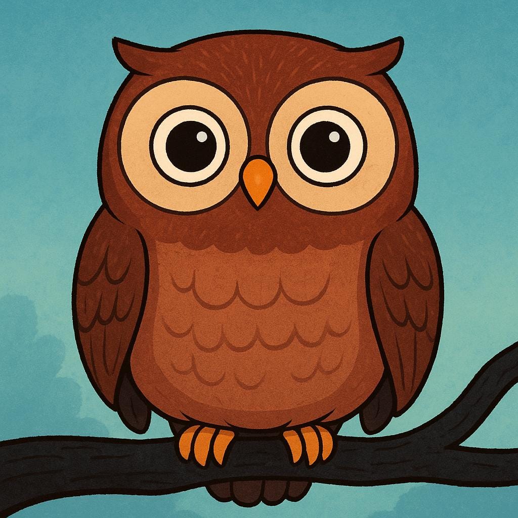A large, wide-eyed brown owl is perched on a thick tree branch in the darkness, staring intently forward, symbolizing continuous observation.