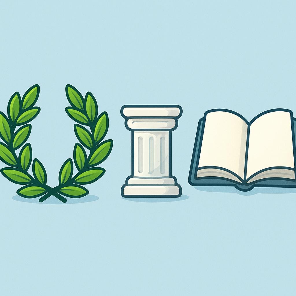 A stylized composition featuring a green laurel wreath, a small classical column fragment, and a representation of an open book shape, symbolizing academic study.