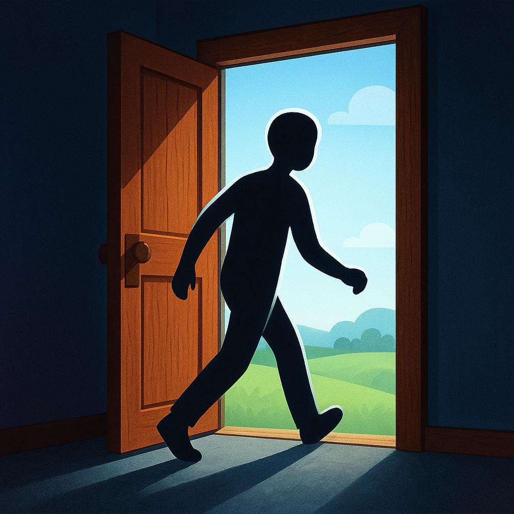 Uproszczona ilustracja osoby przekraczającej próg przez otwarte drzwi, wychodzącej z pokoju.