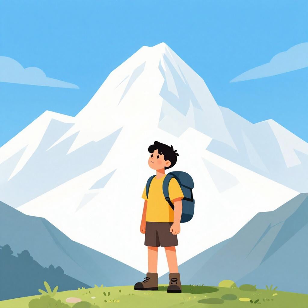 A person looking at a mountain peak with a backpack, ready to start their climb.