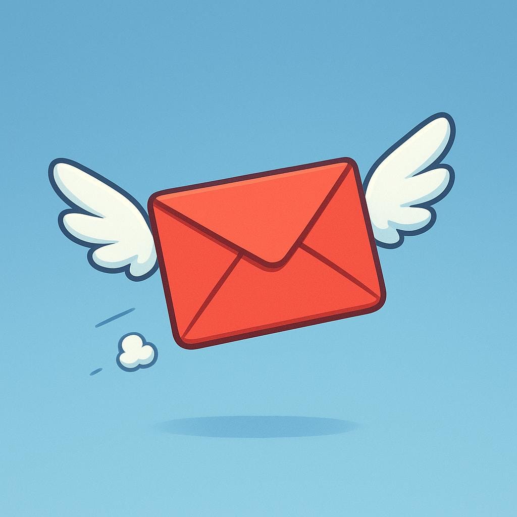 A bright red, sealed envelope with small white stylized wings attached, flying quickly across a clear blue sky, representing a message being sent.