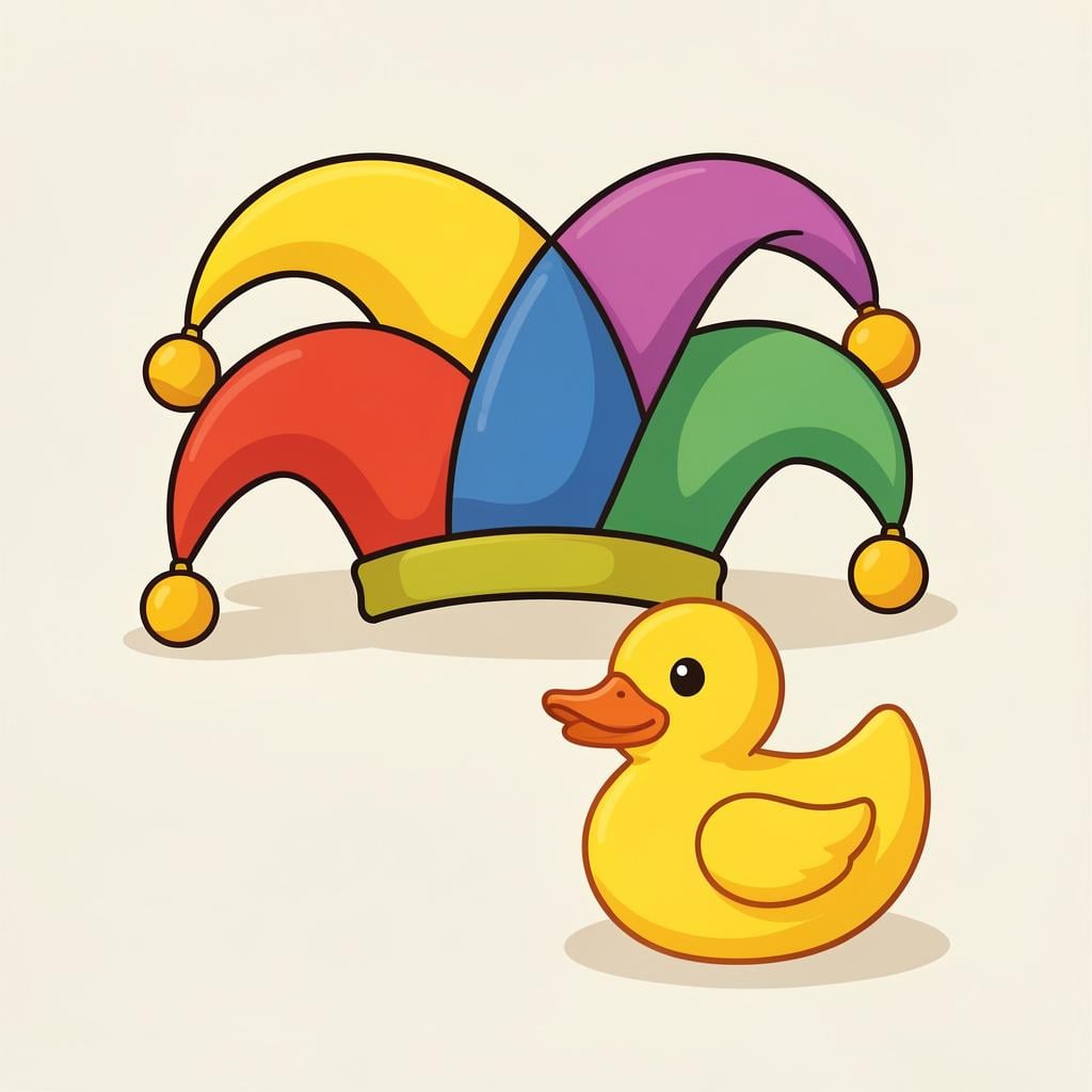 A colorful illustration of a silly jester hat with bells sitting on a table next to a rubber duck.