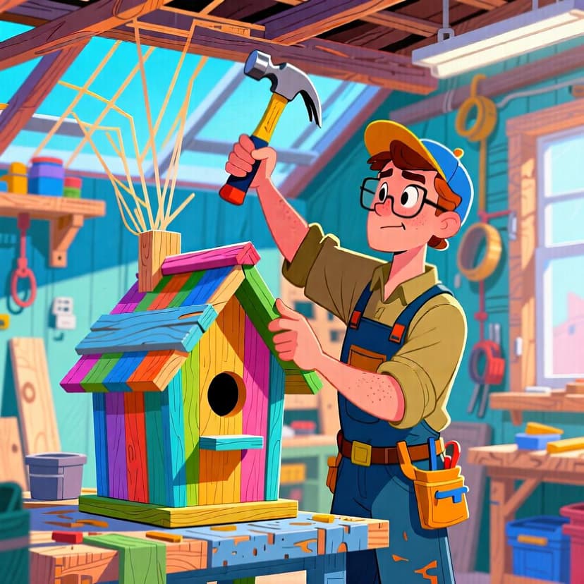 A person confidently assembling a wooden birdhouse with a hammer in a bright workshop, symbolizing a future action or promise.