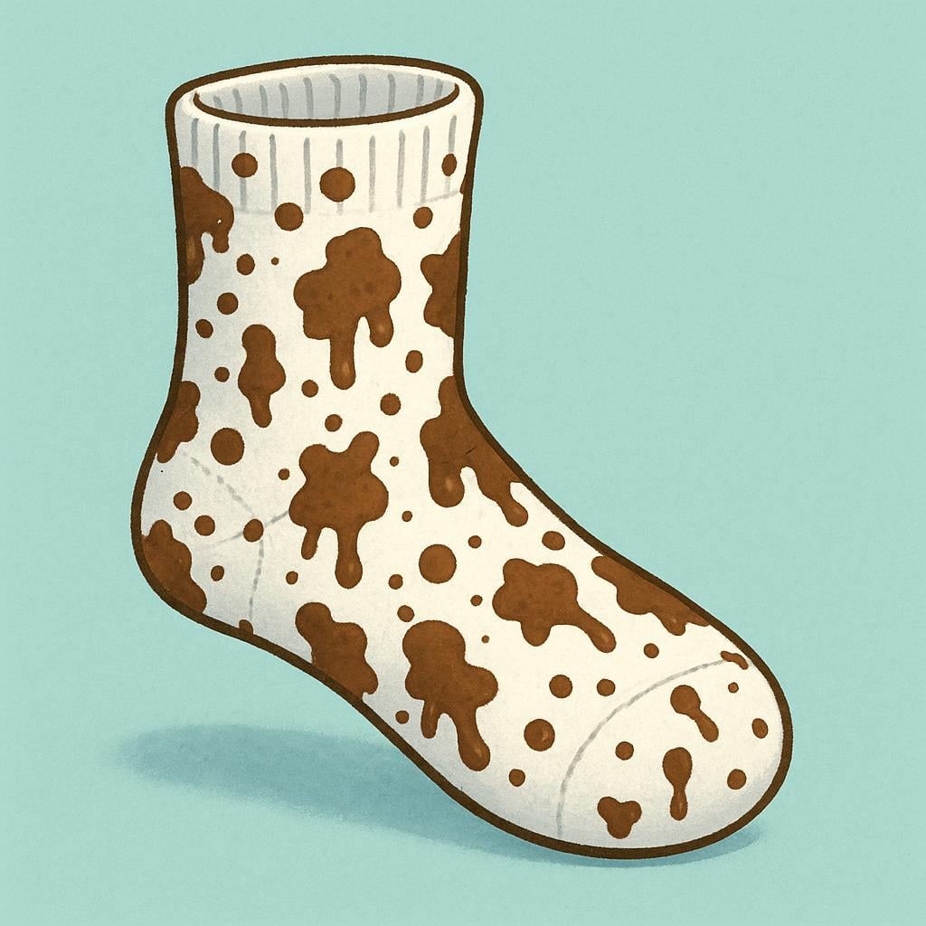 A single white sock heavily stained with dark brown mud and dirt, illustrating an unclean state.