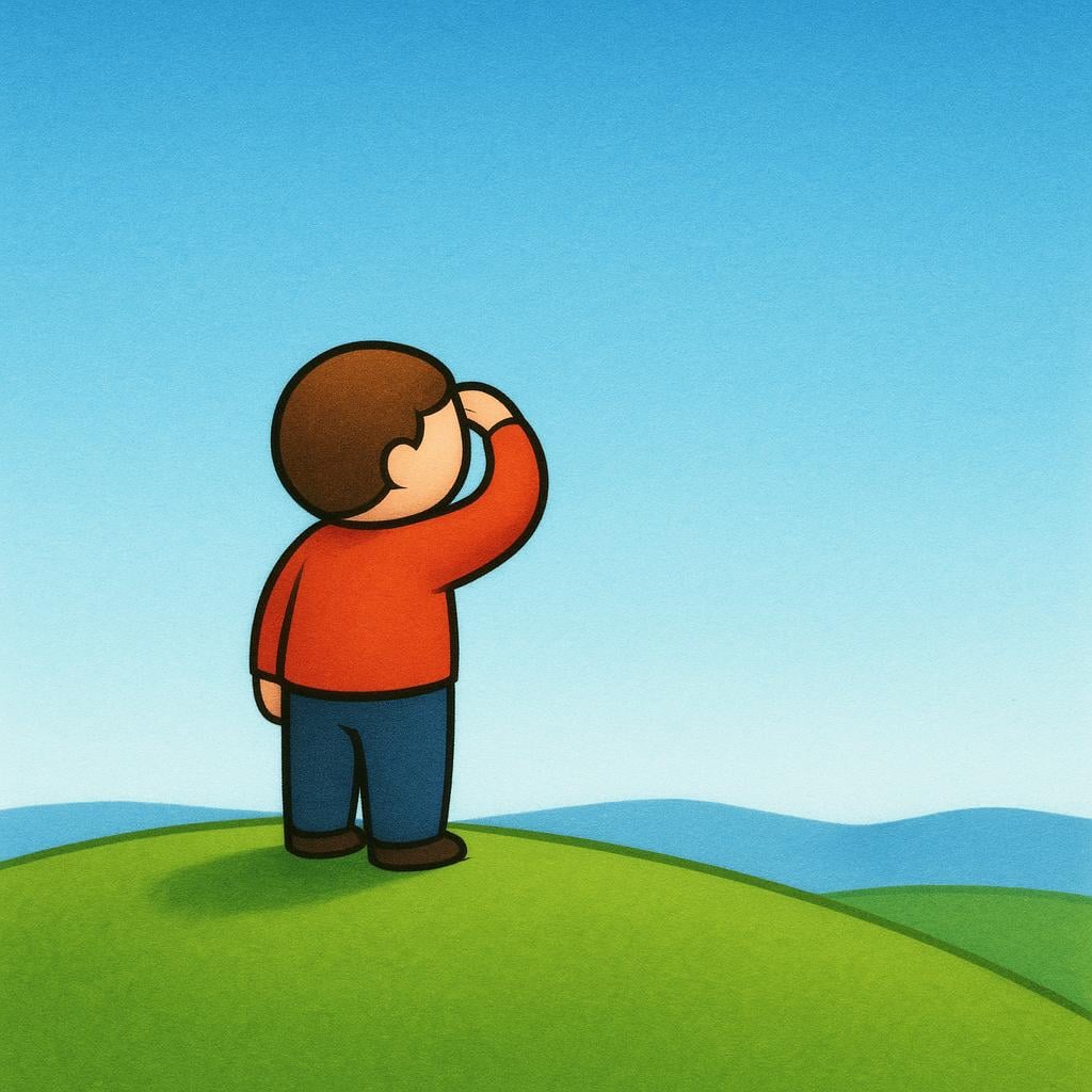 A small, colorful figure stands on top of a gentle green hill, looking intently towards a bright, distant horizon. The figure is shielding their eyes slightly, suggesting anticipation or conditional viewing.