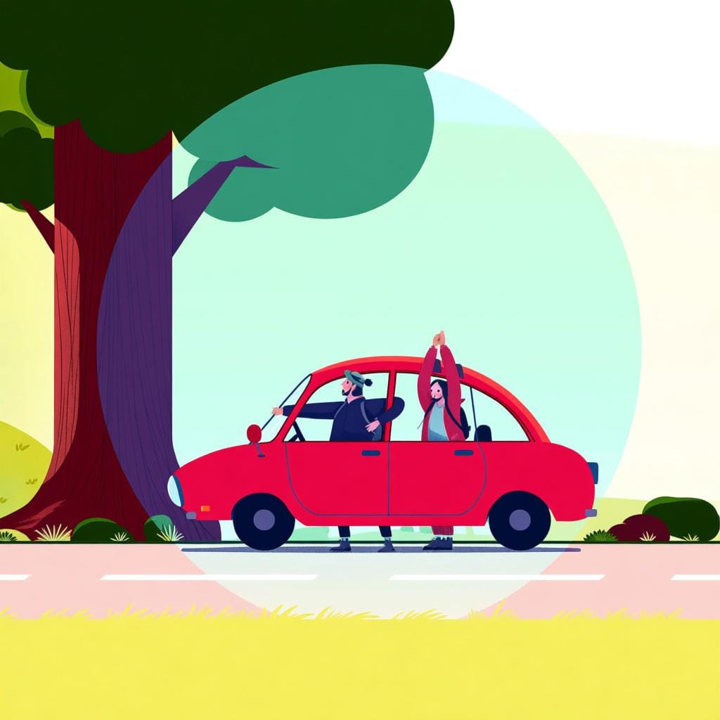 A car pulled over safely next to a large tree on a road, with two people outside stretching and taking a break from their journey.