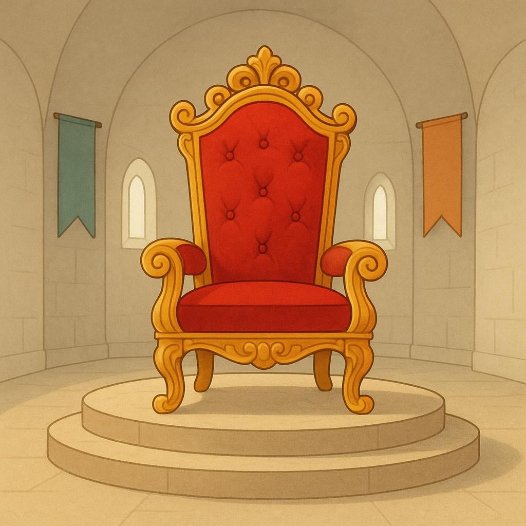 An ornate golden chair with red velvet cushioning sitting on a small raised platform, symbolizing a ceremonial seat.