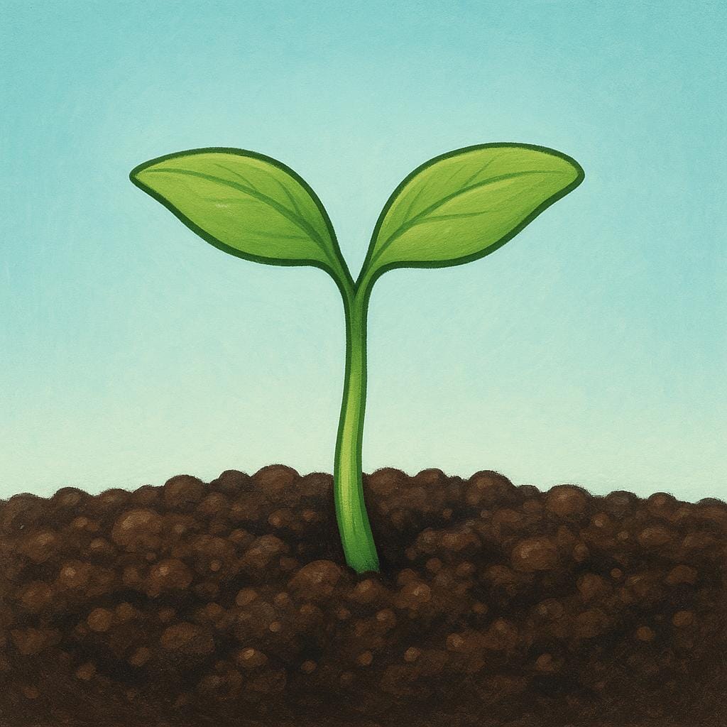 A simple, colorful storybook illustration showing a tiny green seedling with two small leaves slowly pushing its way up through dark, rich soil, symbolizing a process that takes time.