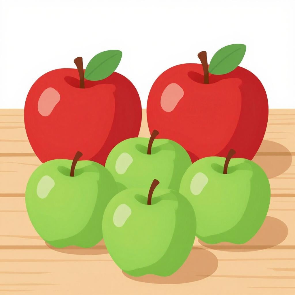 A wooden table with two red apples on one side and three green apples on the other, being pushed together into a single pile.