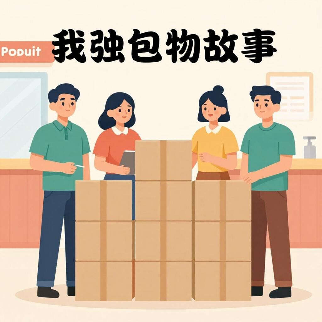 A group of people standing next to a stack of sealed cardboard boxes with shipping labels on them.